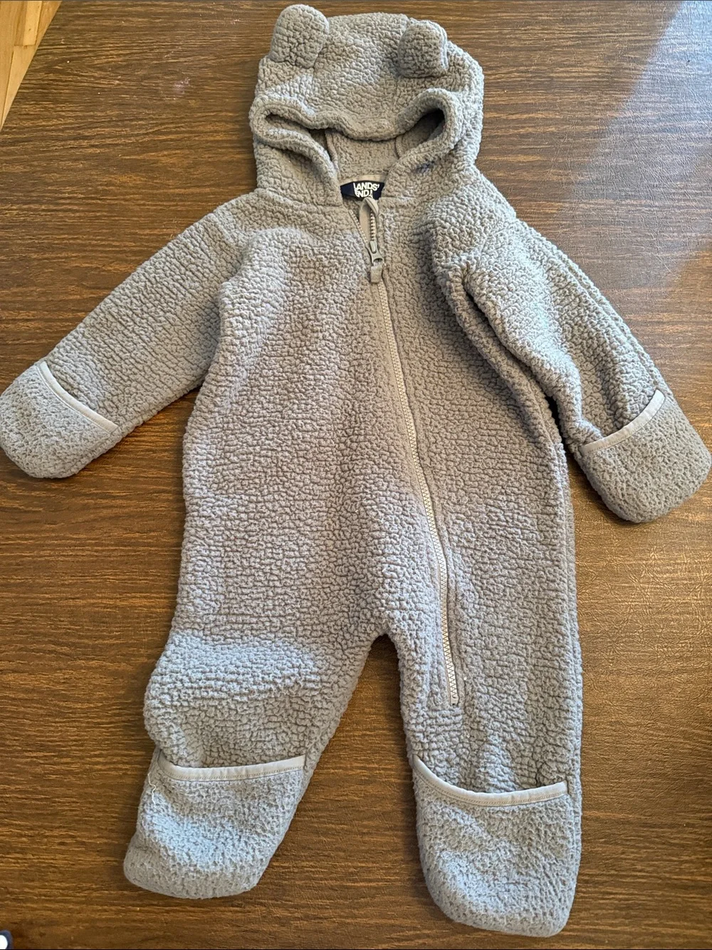 Lands' End Light Gray Sherpa Baby Footed One-Piece with Hood